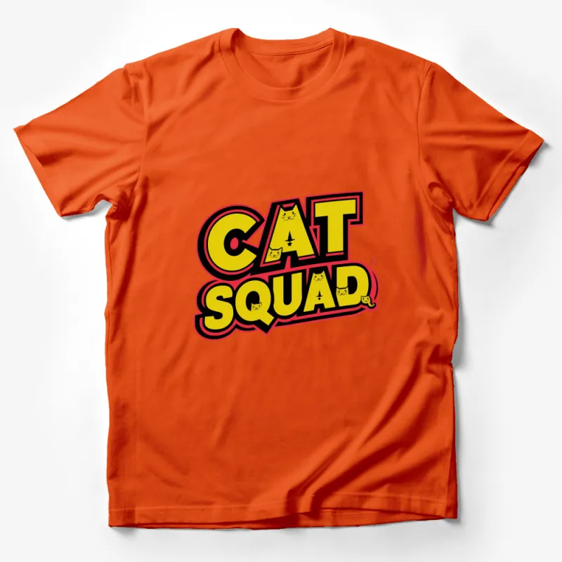 Bold CAT SQUAD Logo T-Shirt, Bright Yellow Red Graphic Tee, Fun Novelty Shirt for Cat Lovers Male T-Shirt