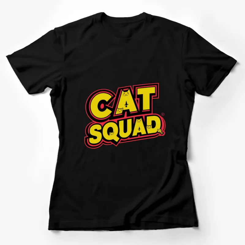 Bold CAT SQUAD Logo T-Shirt, Bright Yellow Red Graphic Tee, Fun Novelty Shirt for Cat Lovers Female T-Shirt