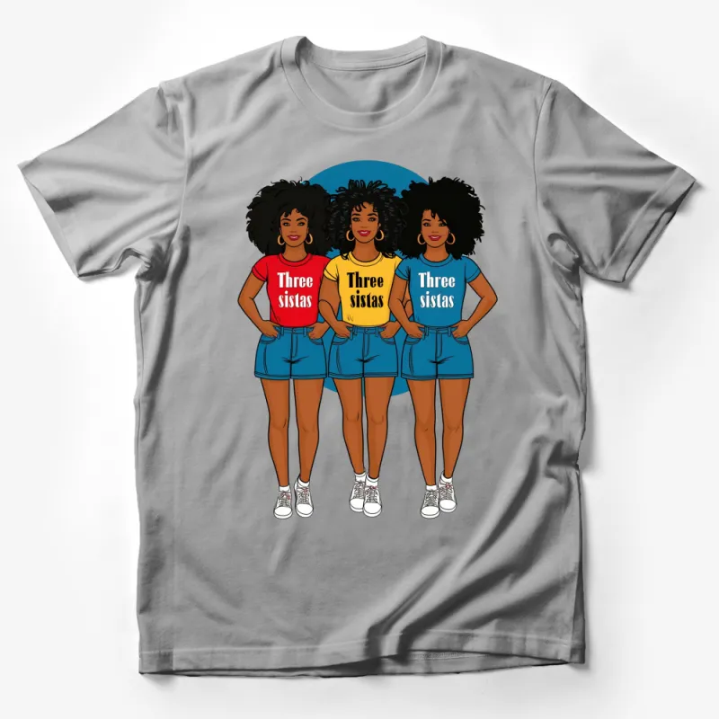 Three Sistas T-Shirt, African American Women, Bold Red Yellow Blue Tops Male T-Shirt