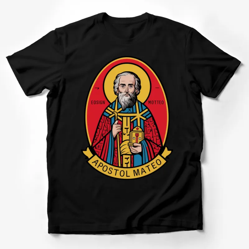 Apostle Mateo Icon Graphic T-Shirt, Religious Saint Artwork, Christian Gift, Vibrant Colors Male T-Shirt