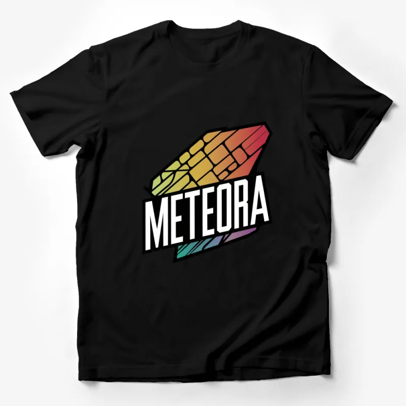 Colorful Meteora Graphic T-Shirt, Retro Style Bold Text Tee, Unisex Casual Wear Male T-Shirt