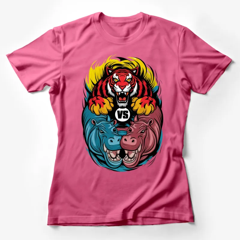 Tiger vs Hippo Graphic T-Shirt, Bold Animal Face Off Design, Colorful Cotton Tee Female T-Shirt