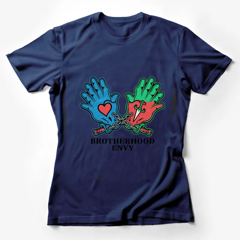 Brotherhood Envy Heart Chain Hands Graphic T-Shirt, Unique Vintage Style Emotional Design Tee Female T-Shirt