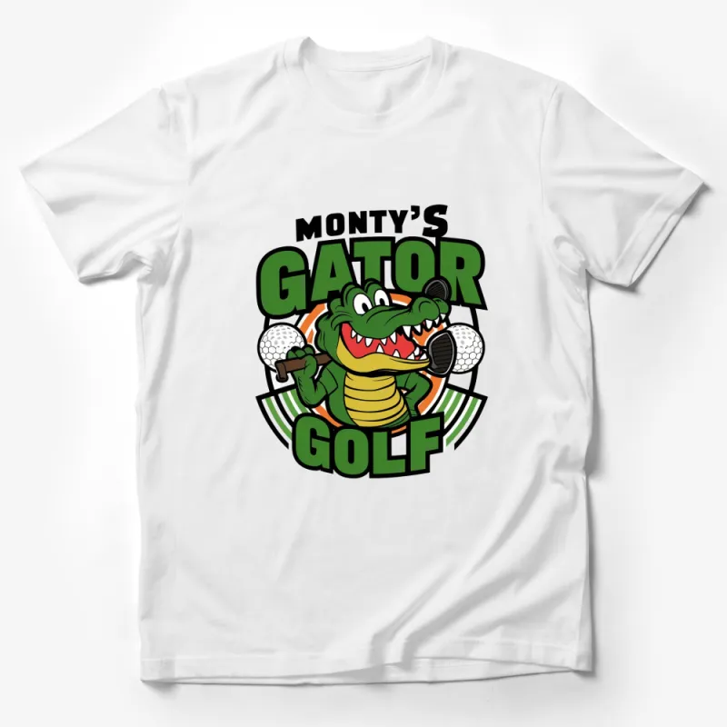 Monty's Gator Golf Graphic T-Shirt, Funny Crocodile Golfing Tee, Unisex Adult Casual Wear Male T-Shirt