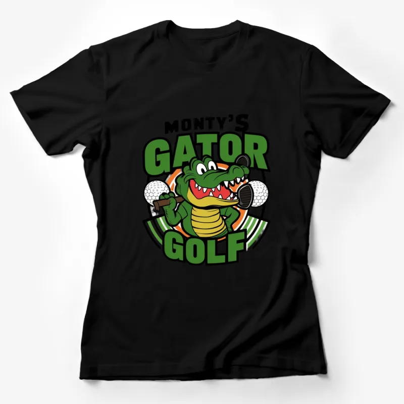 Monty's Gator Golf Graphic T-Shirt, Funny Crocodile Golfing Tee, Unisex Adult Casual Wear Female T-Shirt