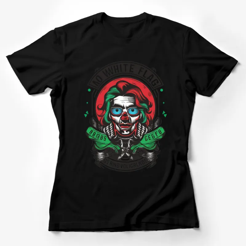 No White Flag Clown Graphic T-Shirt, Vintage Circus Style Tee, Bold Red and Green Design Female T-Shirt