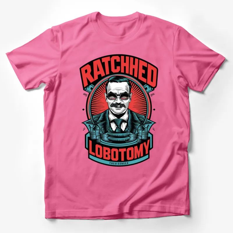 Ratched Lobotomy Graphic Tee, Vintage Style Nurse T-Shirt, Bold Red and Blue Design Male T-Shirt