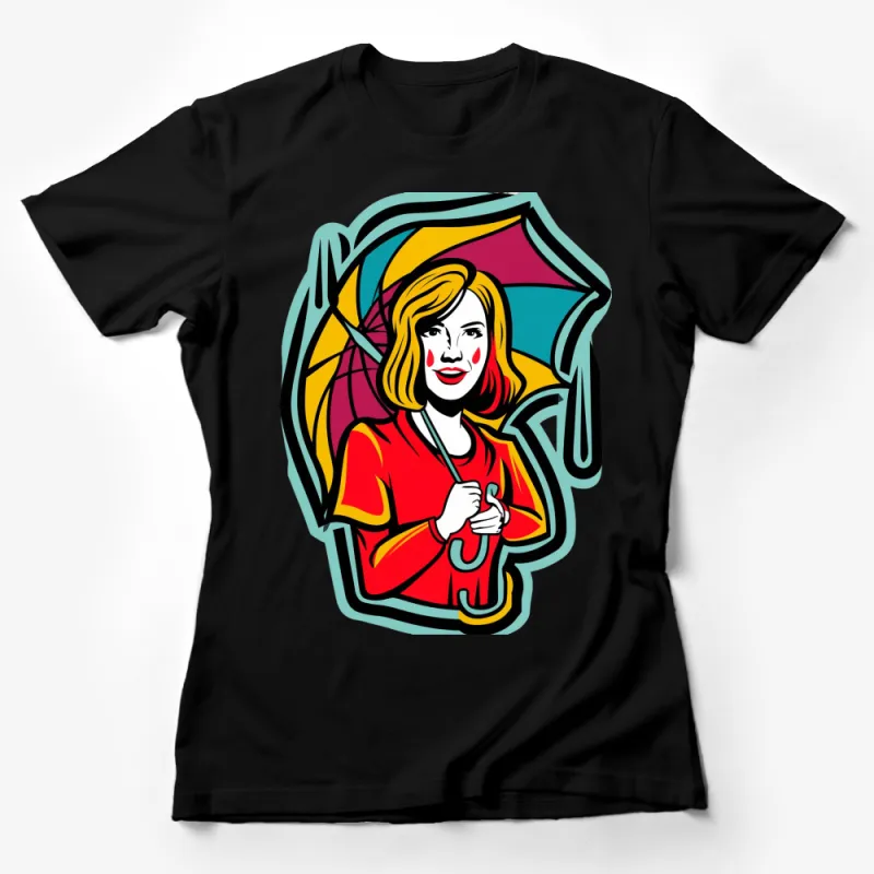 Vintage Pop Art Woman With Umbrella Colorful Graphic T-Shirt, Retro Fashion Tee, Bold Statement Shirt Female T-Shirt