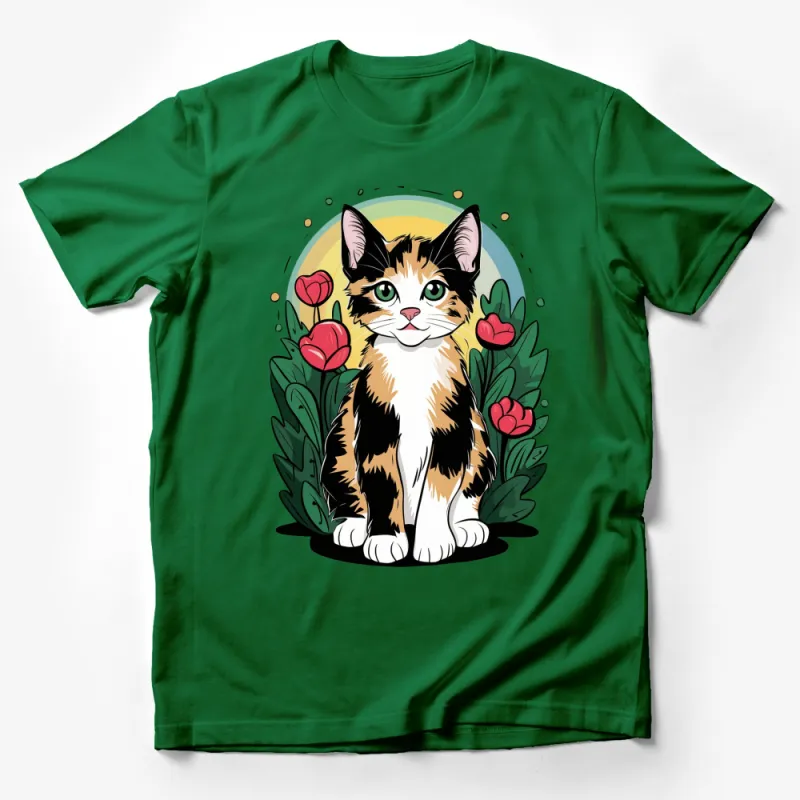 Calico Cat T-Shirt with Tulips and Leaves Design, Cute Feline Graphic Tee, Animal Lover Gift Male T-Shirt