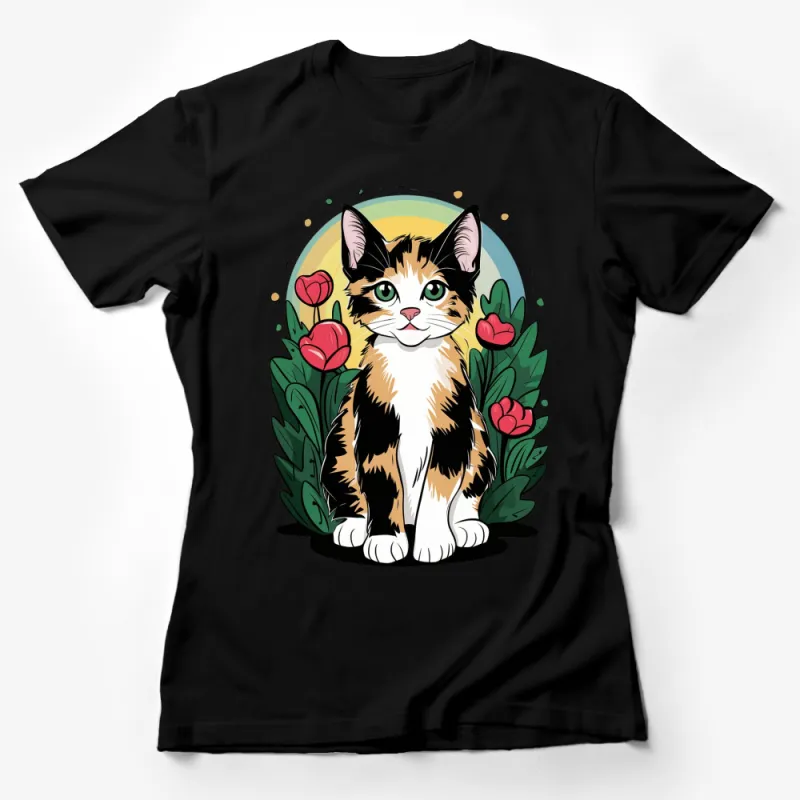 Calico Cat T-Shirt with Tulips and Leaves Design, Cute Feline Graphic Tee, Animal Lover Gift Female T-Shirt