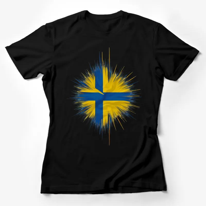 Abstract Swedish Flag Design T-Shirt, Vibrant Blue and Yellow Explosion, Unisex Tees for All Occasions Female T-Shirt