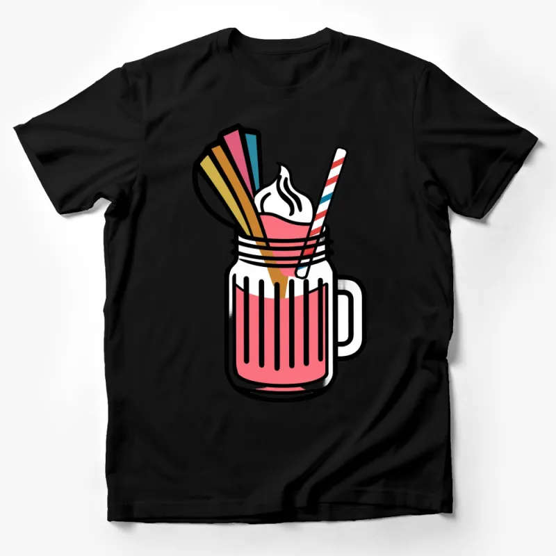 Colorful Mason Jar Milkshake Graphic Tee, Fun Summer Drink T-Shirt, Casual Streetwear Male T-Shirt