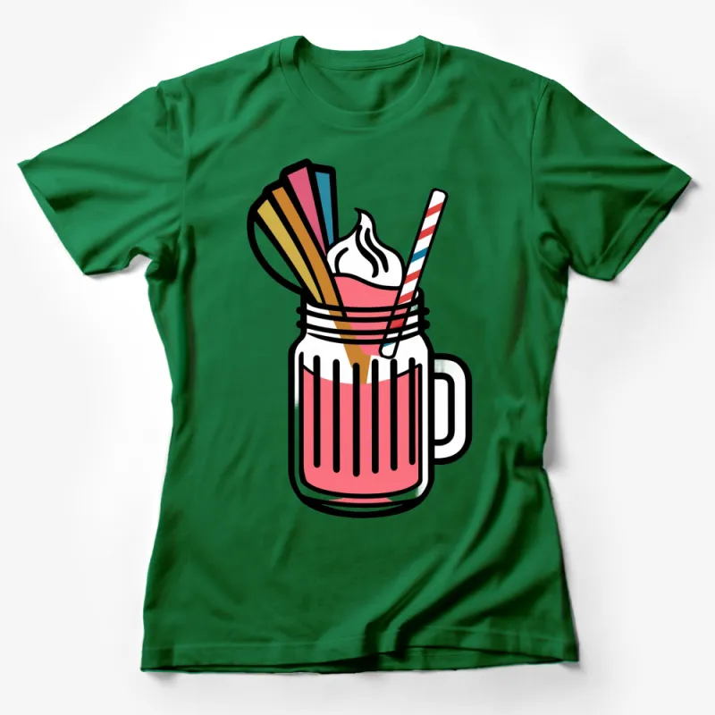 Colorful Mason Jar Milkshake Graphic Tee, Fun Summer Drink T-Shirt, Casual Streetwear Female T-Shirt