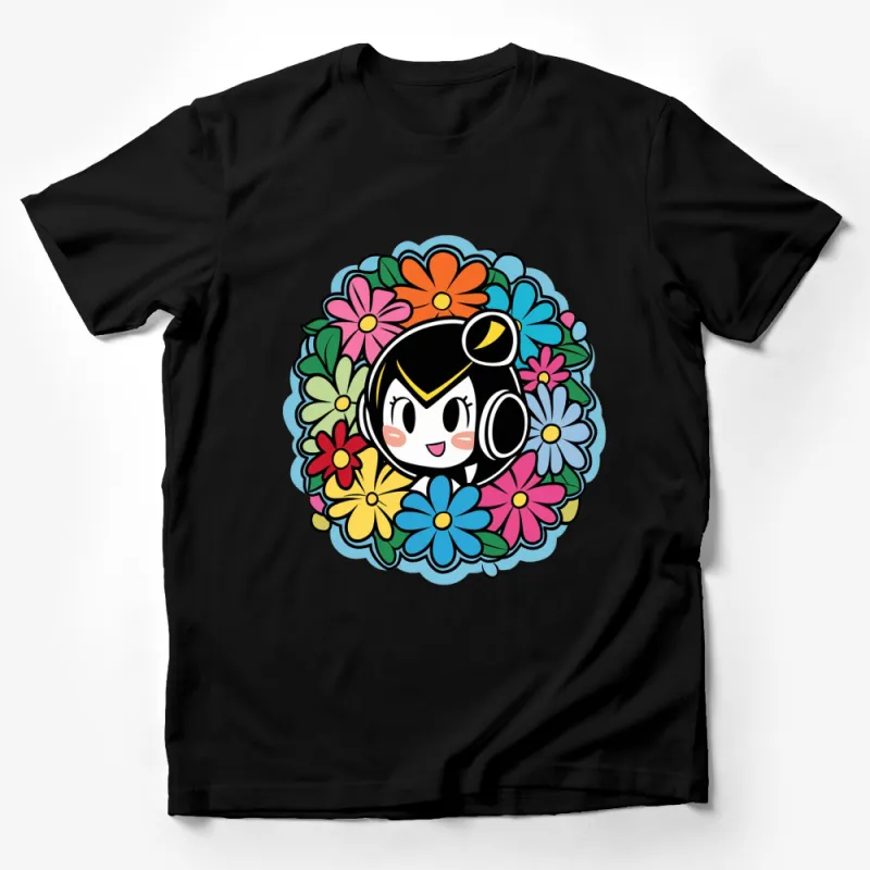 Colorful Anime Girl Floral Wreath T-Shirt, Cute Cartoon Character Tee, Vibrant Flower Art Shirt Male T-Shirt