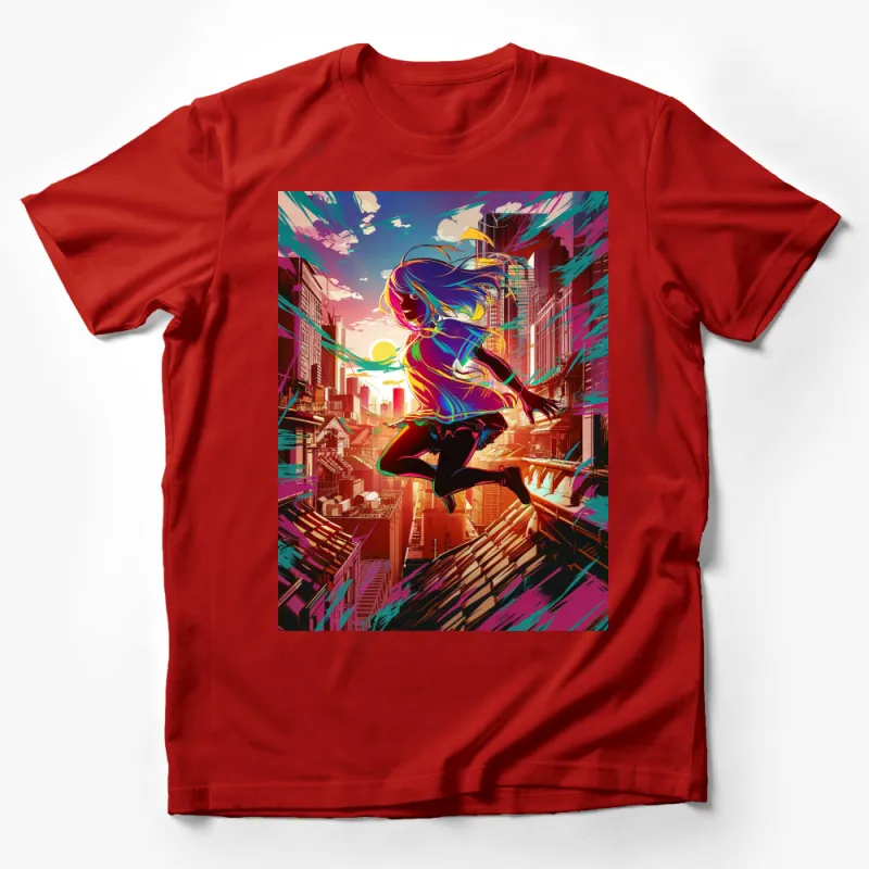 Colorful Cyberpunk Girl T-Shirt, Vibrant Urban Anime Apparel, Sci-Fi Streetwear, Unique Gift for Teens Male T-Shirt