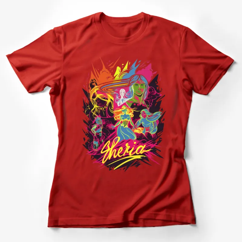 Sheria Colorful Abstract Female Superheroes Graphic T-Shirt, Vibrant Women Power Tee, Gift for Comic Fans Female T-Shirt