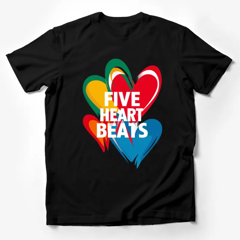 Colorful Five Heart Beats Graphic T-Shirt, Unisex Love Heart Design, Vibrant Modern Casual Wear Male T-Shirt