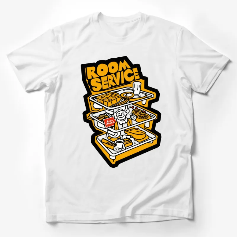 Room Service Cartoon T-Shirt, Fun Food Service Graphic Tee, Unique Chef and Meals Design Shirt Male T-Shirt