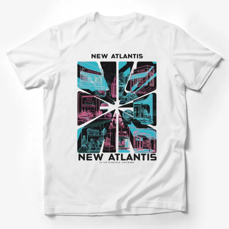 New Atlantis Starfield Universe T-Shirt, Retro Sci-Fi Cityscape Graphic Tee, Unisex Male T-Shirt