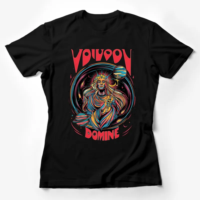 Vibrant Vodou Nou Domine Graphic T-Shirt, Colorful Retro Space Illustration, Cosmic Art Female T-Shirt