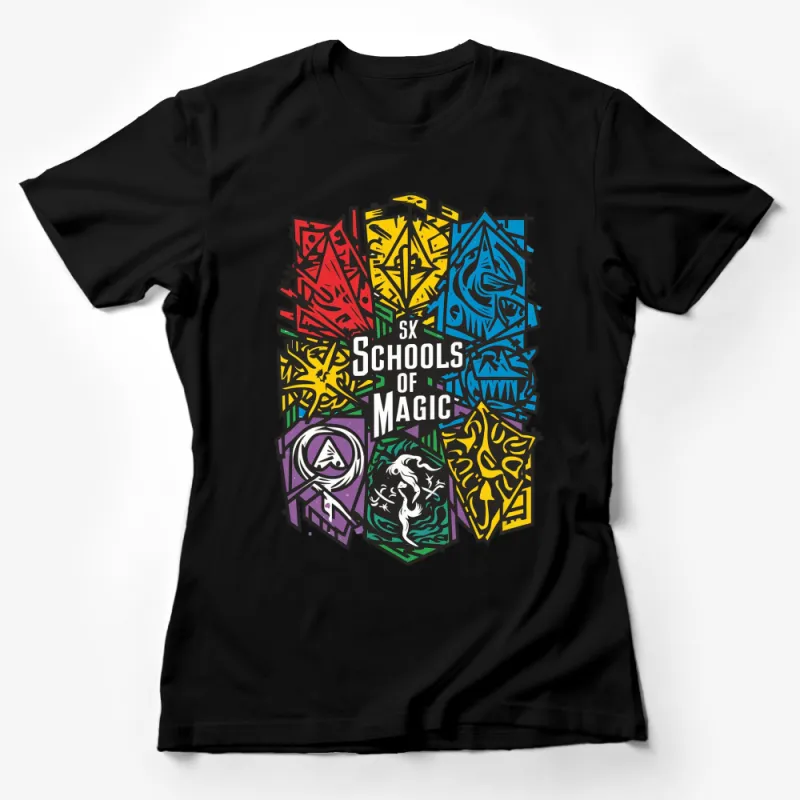 Colorful Magic Schools Graphic T-Shirt, Unisex Fantasy Lover Tee, Unique Wizard School Design, Gift for Gamers Female T-Shirt