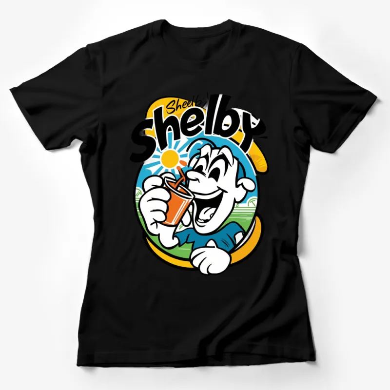 Shelby Dog Cartoon T-Shirt, Fun Summer Drink Graphic, Sun and Beach Themed Tee Female T-Shirt