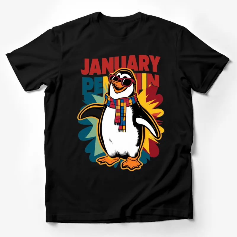 Colorful January Penguin T-Shirt, Cute Penguin with Sunglasses and Scarf Tee, Unisex Graphic Shirt for Winter Male T-Shirt