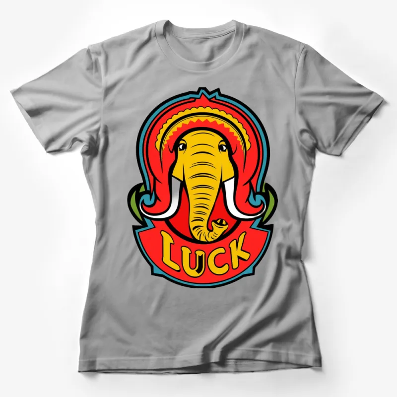 Lucky Elephant T-Shirt, Colorful Elephant Graphic Tee, Vintage Style Luck Emblem Shirt Female T-Shirt