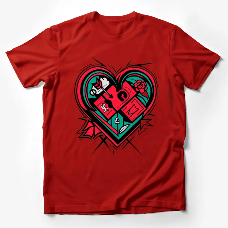 Colorful Heart Tattoo Design T-Shirt, Vintage Style Love Graphic Tee, Unisex Fashion Top Male T-Shirt