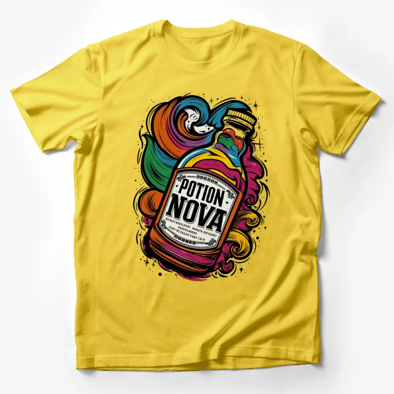 Colorful Potion Nova Graphic T-Shirt, Retro Style Bottle Art, Unique Unisex Apparel Male T-Shirt