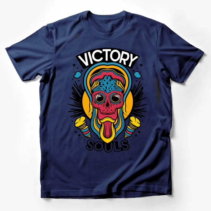 Colorful Victory Souls Skull Design T-Shirt, Vibrant Graphic Tee, Bold Artistic Apparel Male T-Shirt