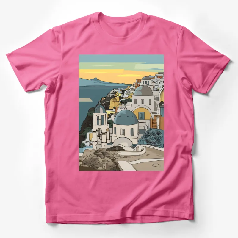 Santorini Greece Sunset Graphic T-Shirt, Colorful Coastal Town Illustration, Travel Inspired Fashion, Unisex Tee Male T-Shirt