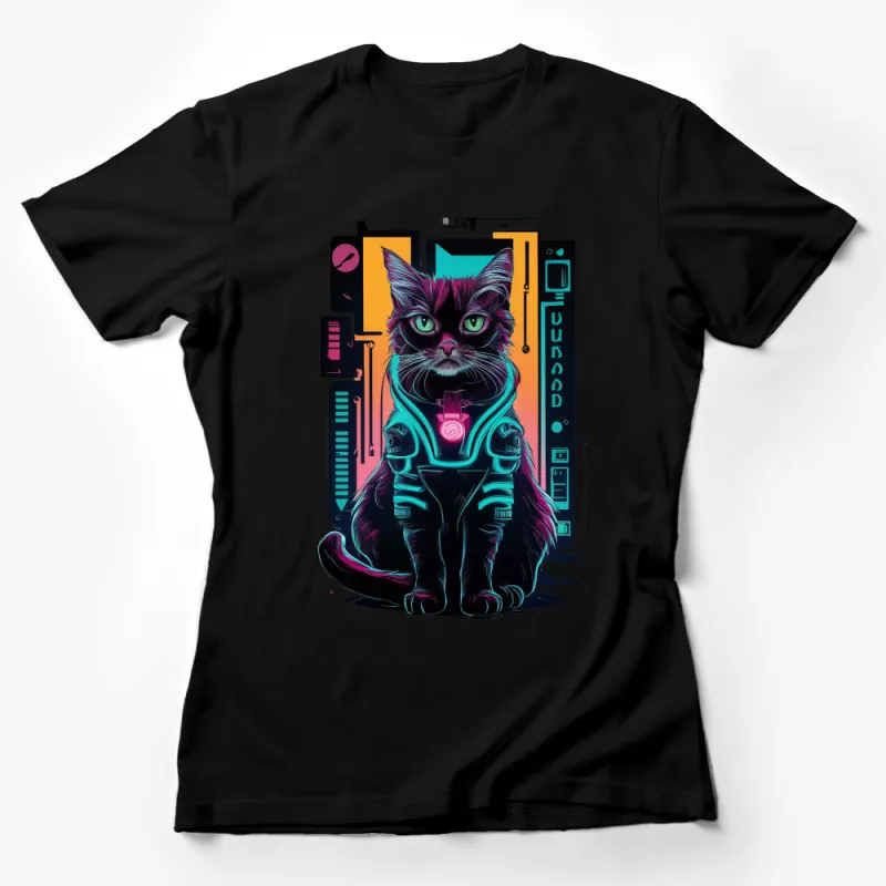 Cyberpunk Cat T-Shirt, Neon Cat Art, Sci-Fi Cat Lover Tee, Futuristic Cat in Space Suit Design, Unique Pet Lover Gift Female T-Shirt