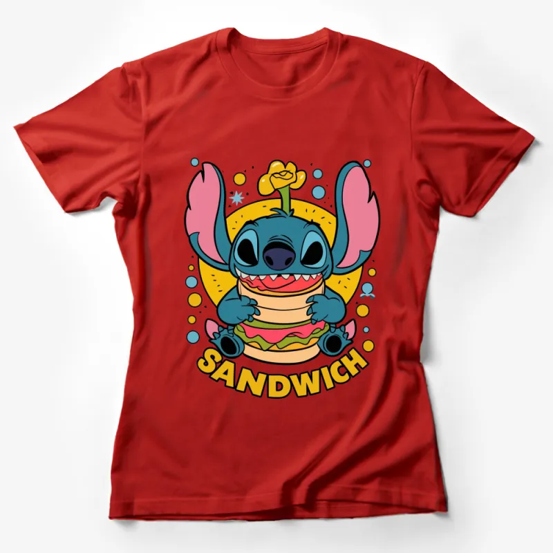 Cute Stitch Sandwich T-Shirt, Cartoon Character Eating Food Tee, Disney Fan Shirt, Unisex Tee for All Ages Female T-Shirt