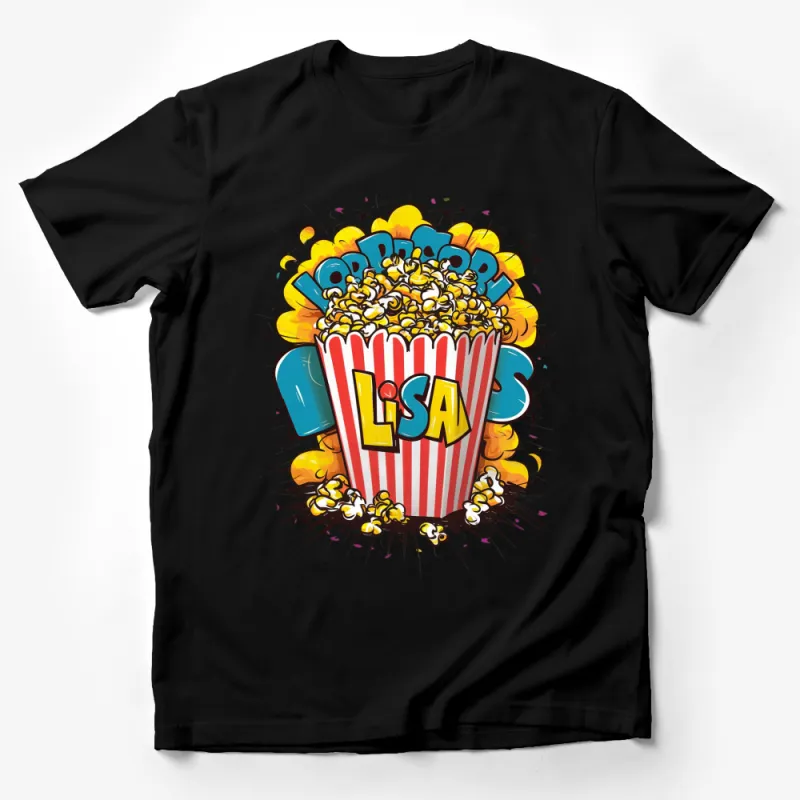 Colorful Popcorn Explosion T-Shirt, Vibrant Lisa Movie Night Graphic Tee, Unisex Male T-Shirt