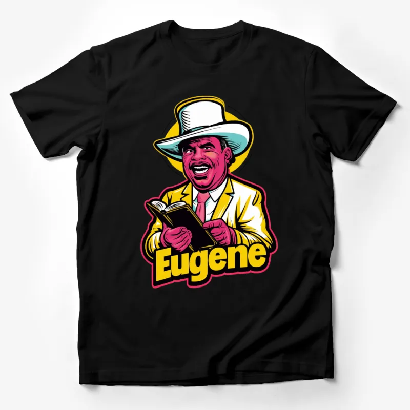 Retro Eugene Cartoon Man in Suit and Hat Reading Book T-Shirt Male T-Shirt