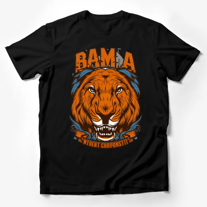 Bama Trendy Lion Graphic T-Shirt, Vintage Inspired Bold Lion Tee, Unisex Casual Wear Orange and Blue Male T-Shirt