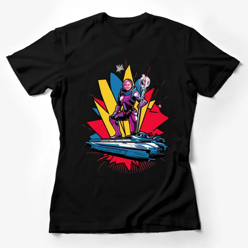 Retro Futuristic Car Pilot Graphic Tee, Vintage Space Racer Shirt, Colorful Sci-Fi Design Apparel Female T-Shirt