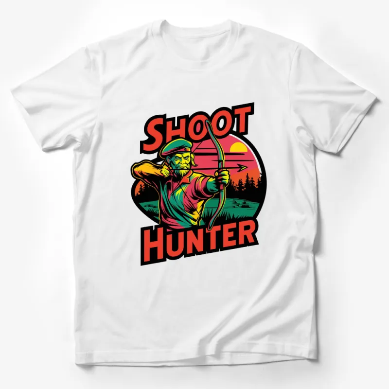 Vintage Archer T-Shirt, Shoot Hunter Bold Graphic Tee, Retro Sunset Archer Design, Unique Gift Male T-Shirt