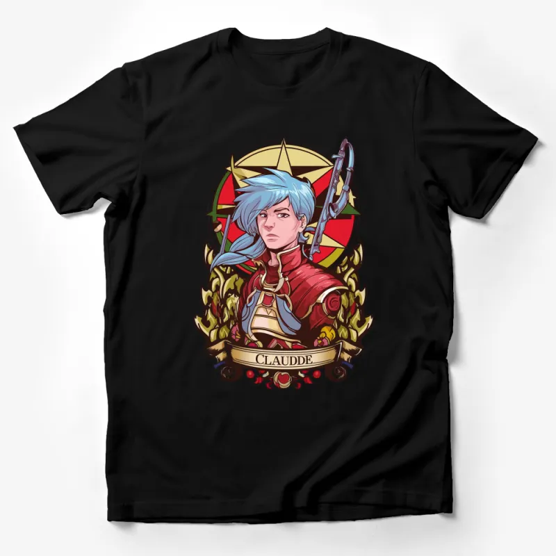 Fantasy Warrior T-Shirt, Blue Haired Knight, Anime Style Graphic Tee, Unique Gift Male T-Shirt