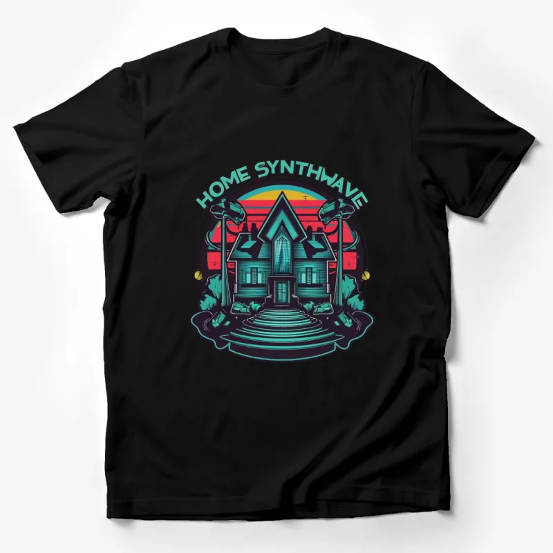 Retro Synthwave Home Design T-Shirt, Rainbow Colors Vintage House Graphic, Unisex Tee Male T-Shirt