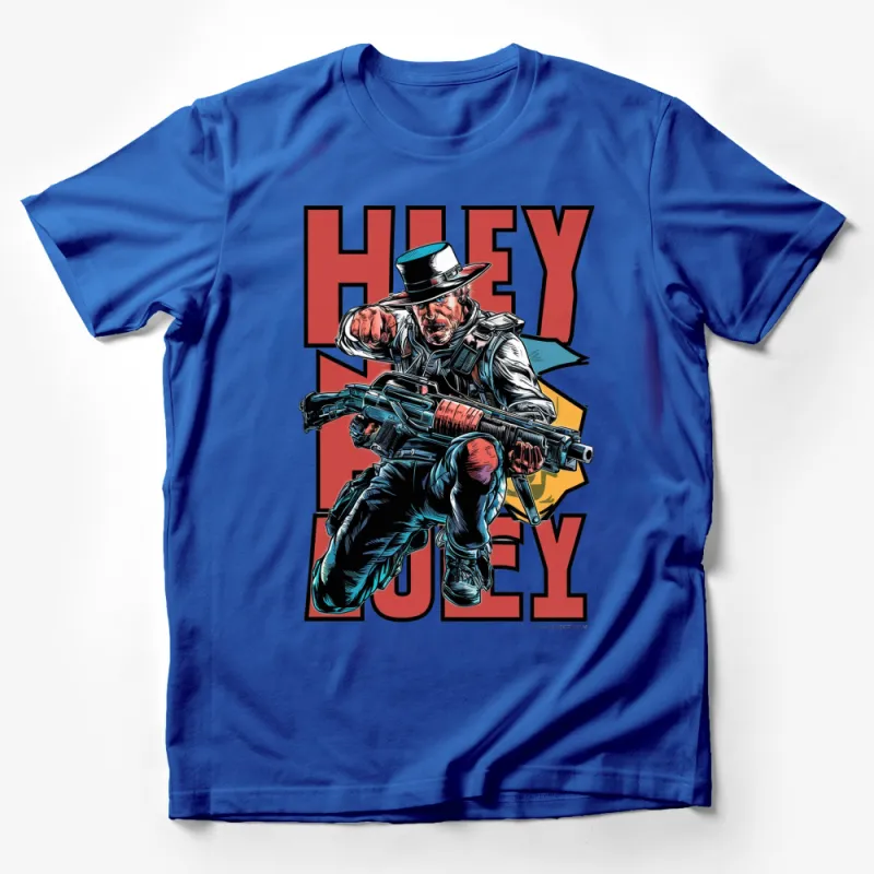 Retro Action Hero T-Shirt, Vintage Comic Style Graphic Tee, Bold Colors, Men's Fashion Male T-Shirt