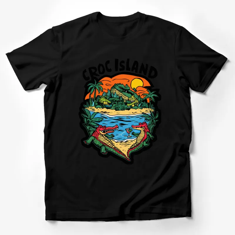 Croc Island Graphic T-Shirt, Tropical Beach Alligator Design, Unisex Casual Wear, Exotic Island and Wildlife Illustration Male T-Shirt