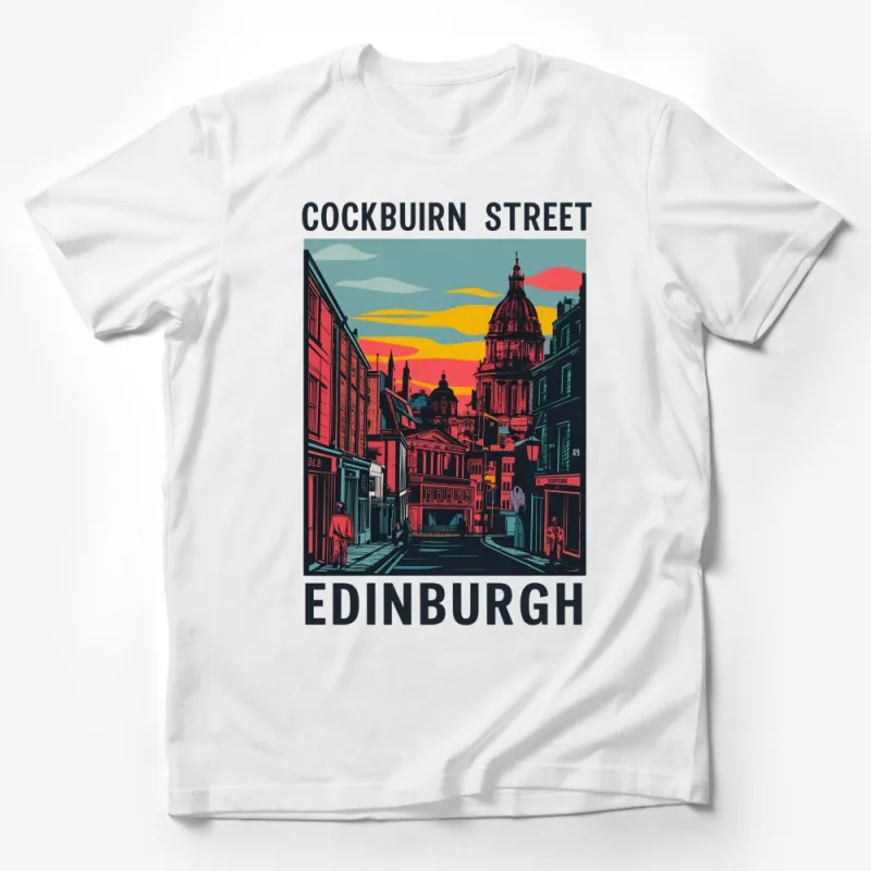 Edinburgh Cockburn Street Sunset Graphic T-Shirt, Colorful Cityscape Art Tee, Vintage Travel Design Clothing Gift Male T-Shirt