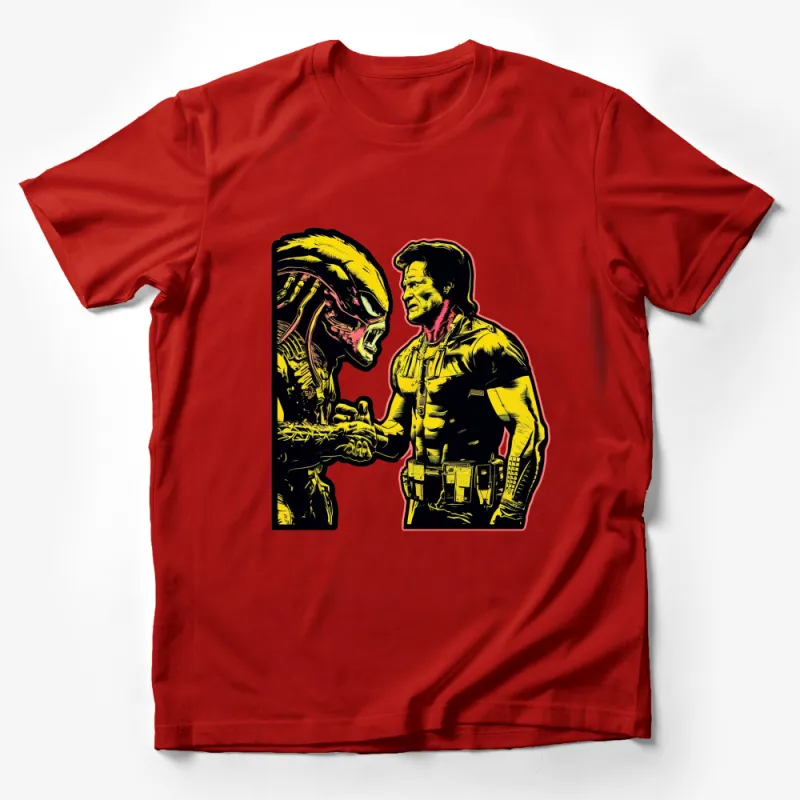 Alien vs Predator Handshake Graphic T-Shirt, Unique Sci-Fi Movie Art, Colorful Pop Culture Apparel Male T-Shirt