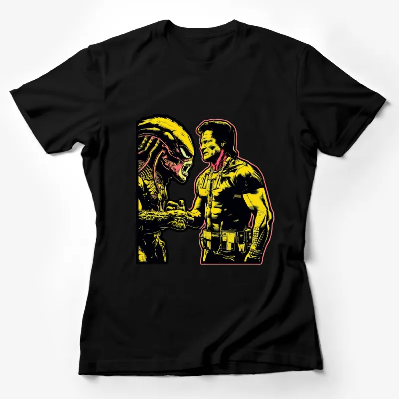 Alien vs Predator Handshake Graphic T-Shirt, Unique Sci-Fi Movie Art, Colorful Pop Culture Apparel Female T-Shirt