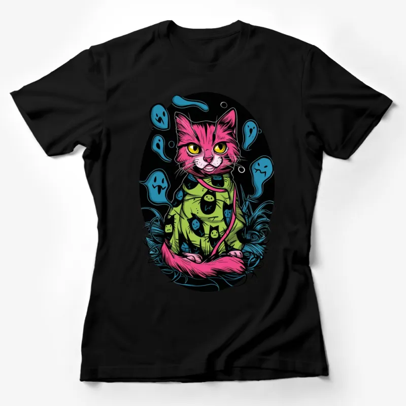 Neon Pink Cat with Ghosts Graphic T-Shirt, Halloween Cat Lover Gift, Spooky Cute Apparel Female T-Shirt