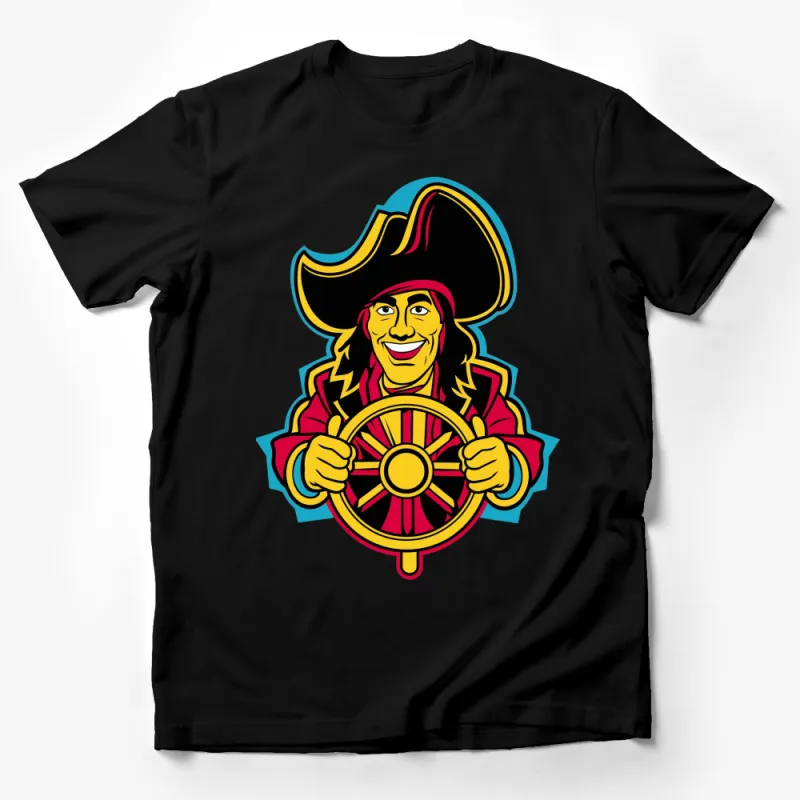 Pirate Captain Cartoon Graphic T-Shirt, Bold Colorful Pirate Steering Ship Design Tee, Unisex Male T-Shirt