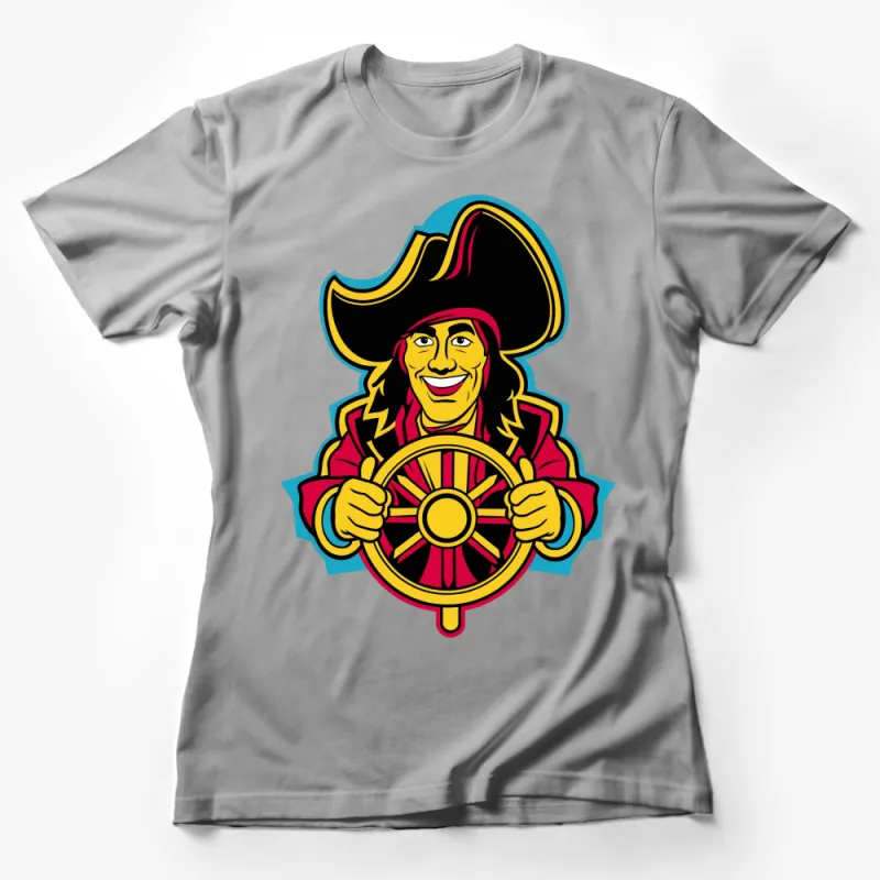 Pirate Captain Cartoon Graphic T-Shirt, Bold Colorful Pirate Steering Ship Design Tee, Unisex Female T-Shirt