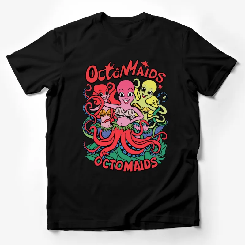 Colorful OctoMaids Cartoon T-Shirt, Fun Sea Creature Art Tee, Unique Mermaid Octopus Design Male T-Shirt